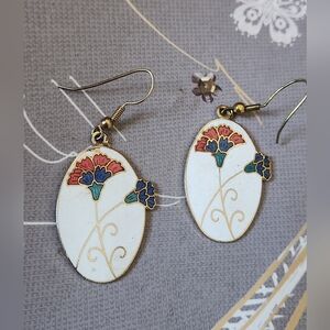 Vtg. Enamel Cloisonne Floral Drop  Earrings